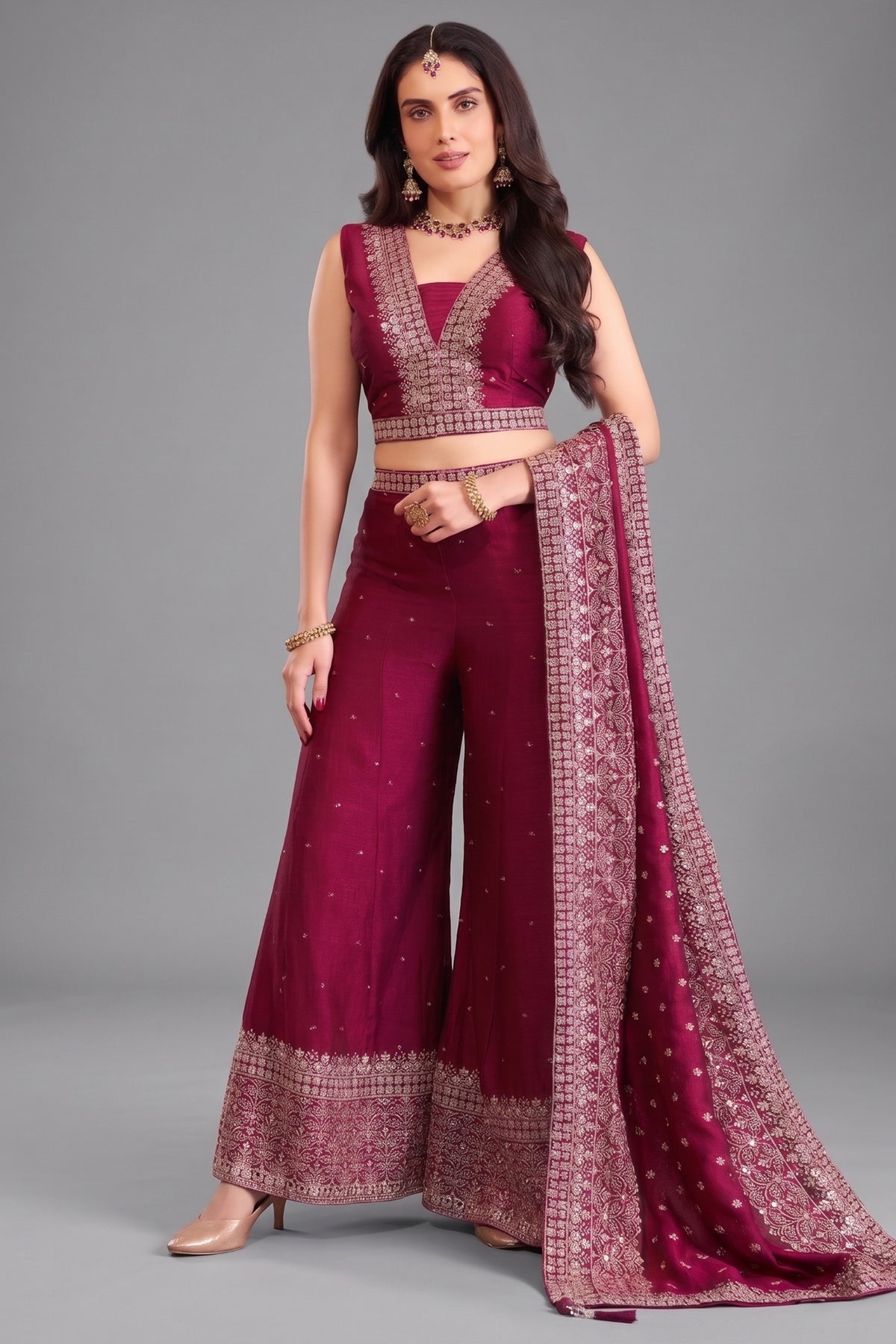 Wine art silk sequin embroidered crop top palazzo set for weddings