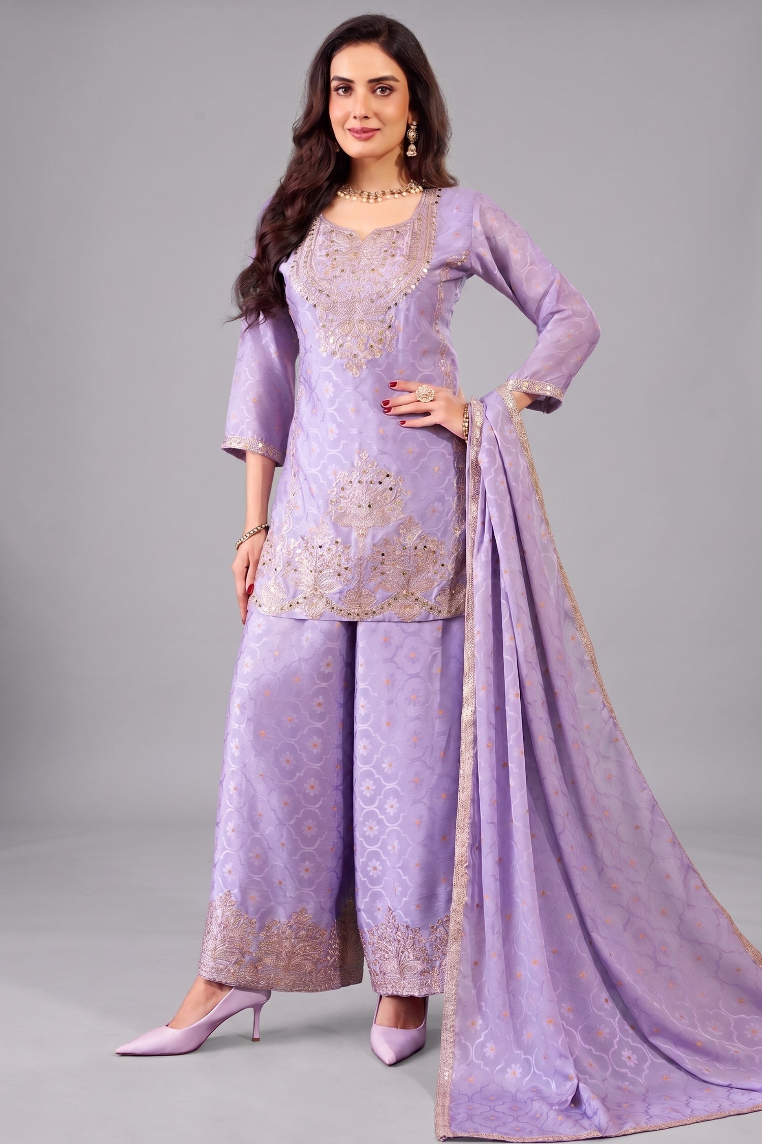 Lilac purple chinon silk woven embroidered and applique worked palazzo suit