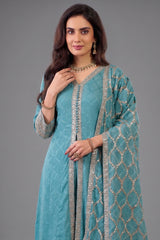 Close up of sequin embroidery details on sky blue chinon chiffon silk suit