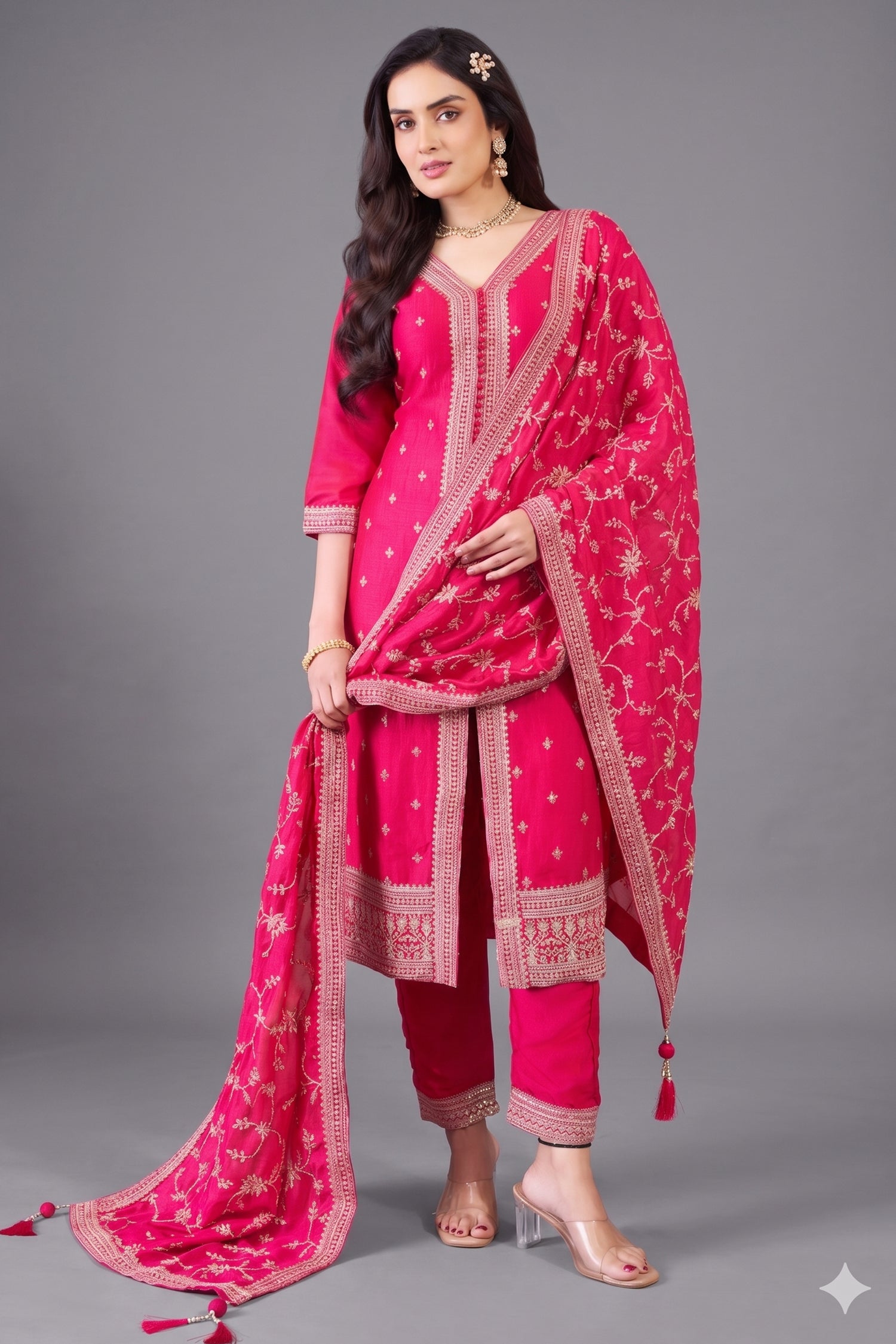 Rani pink art silk sequin embroidered straight cut suit with trousers