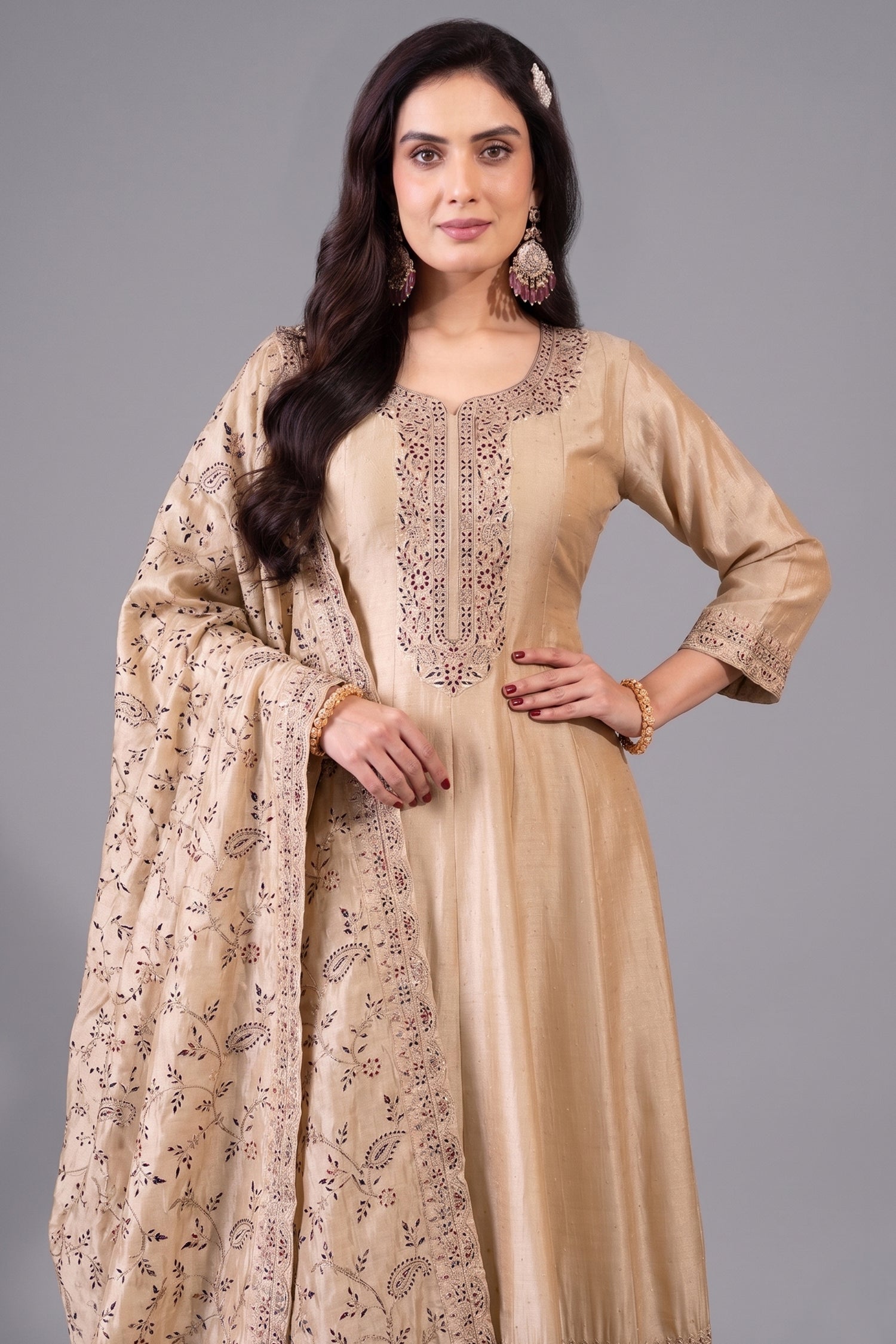 Cream Art Silk Embroidered Anarkali Suit Secondary image