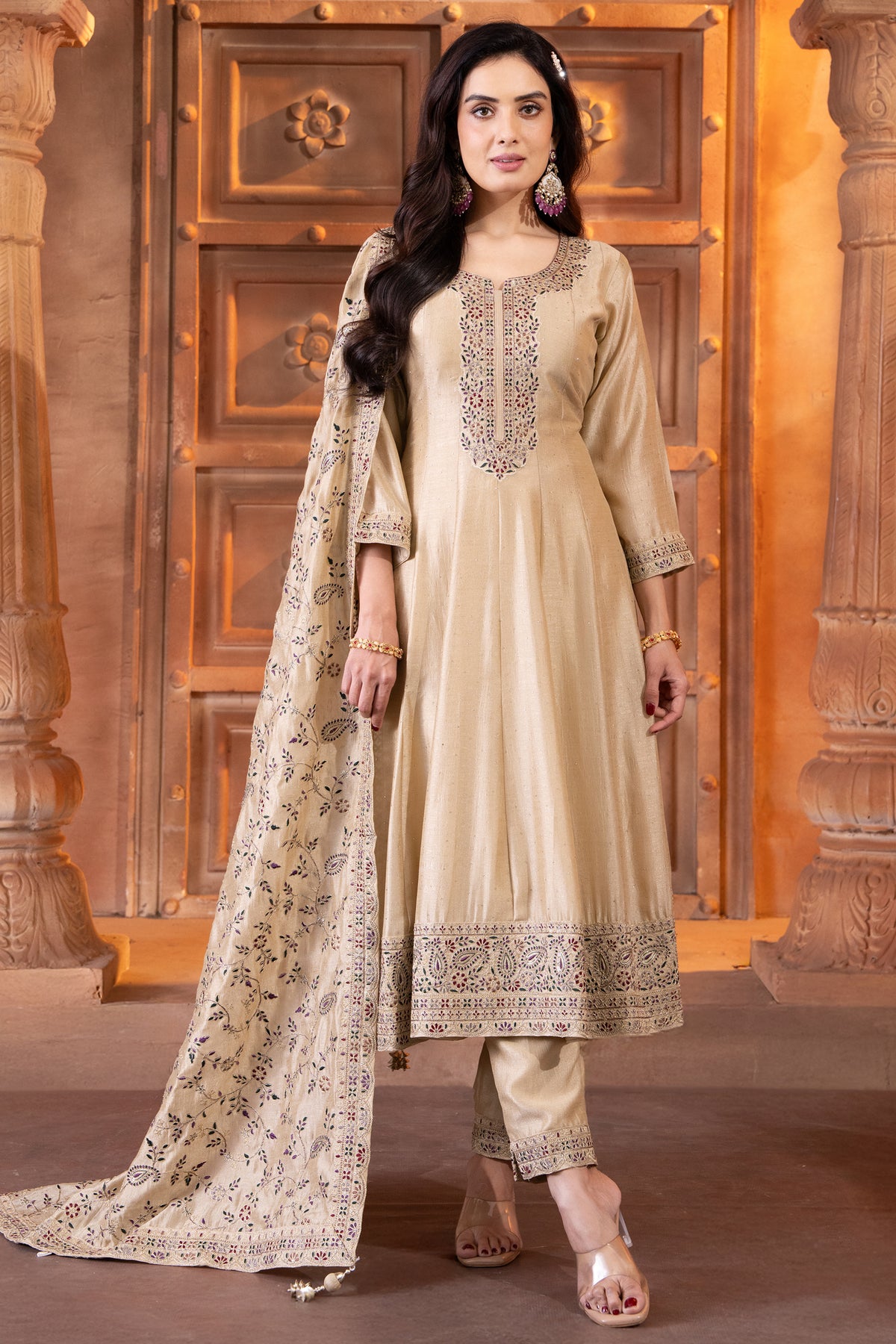 Elegant floor length cream art silk embroidered anarkali suit for festive wear