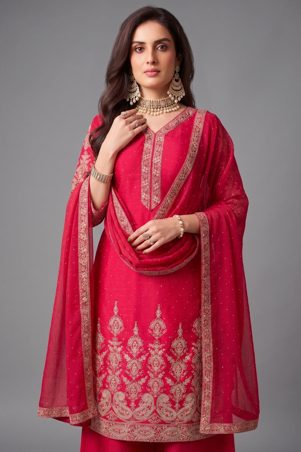 Close up of floral machine embroidery on pink chinon silk suit kurta