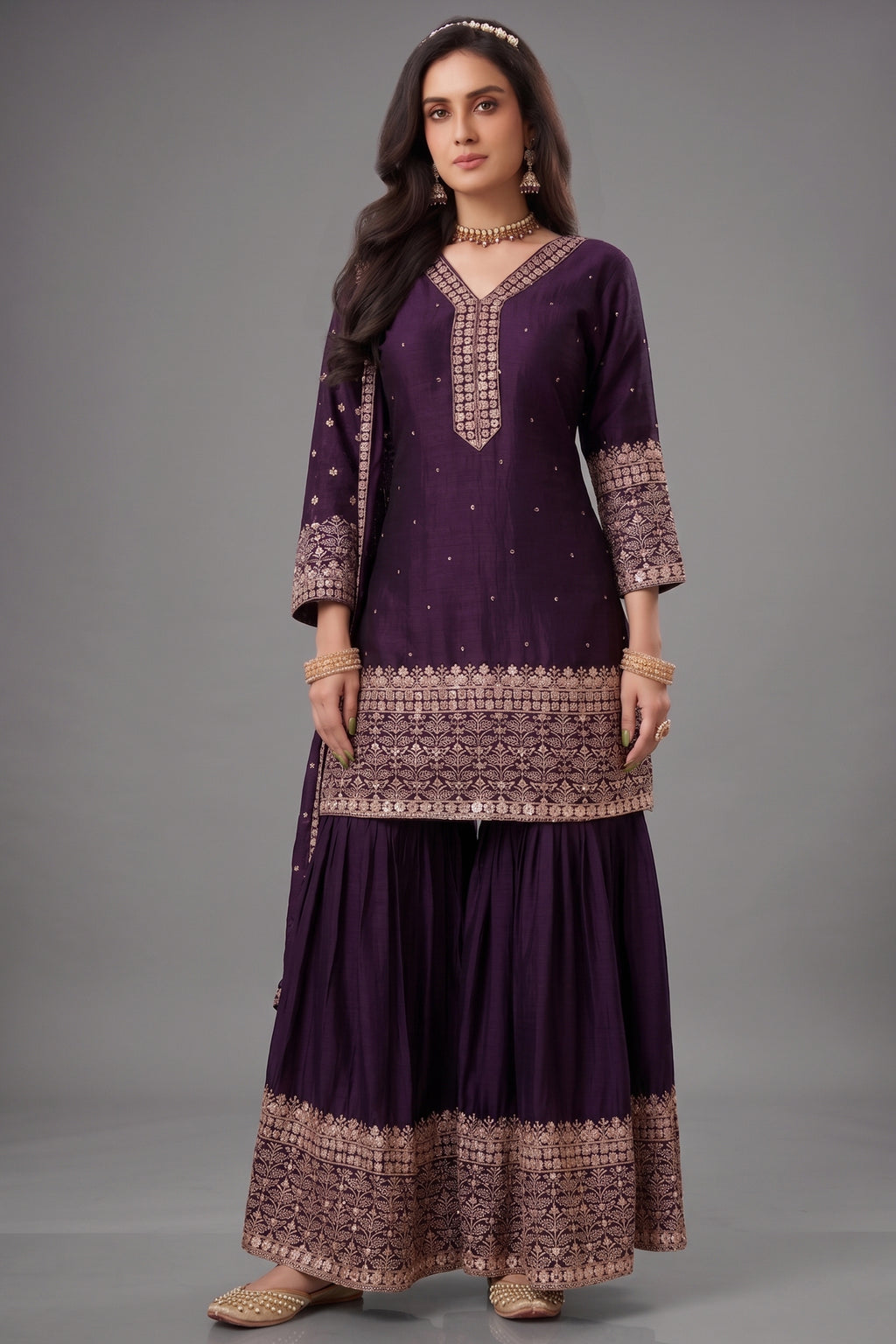 Wine art silk sequin embroidered sharara suit for weddings and festive wear