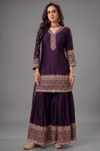 Wine art silk sequin embroidered sharara suit for weddings and festive wear