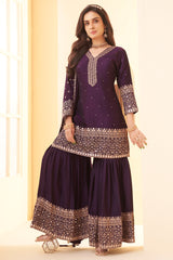 Traditional 3 piece wine art silk sequin embroidered sharara suit with dupatta