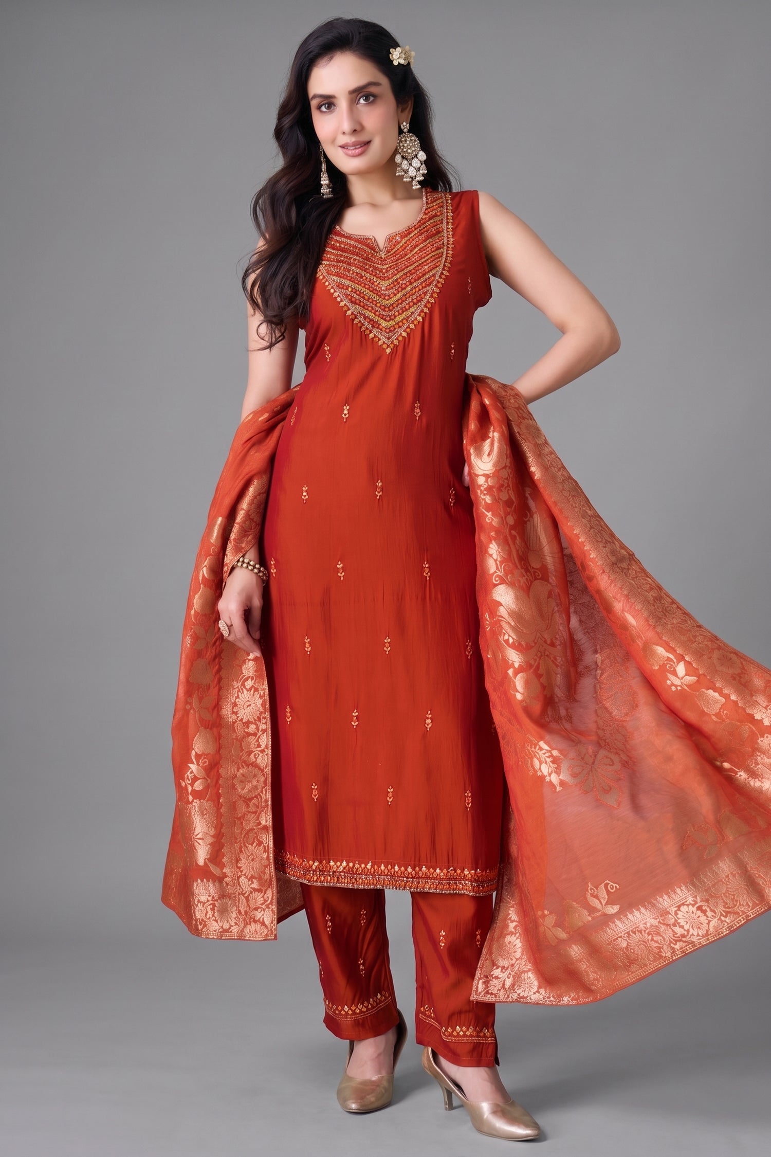 Rust orange mirror embroidered straight cut suit with banarasi dupatta Main image