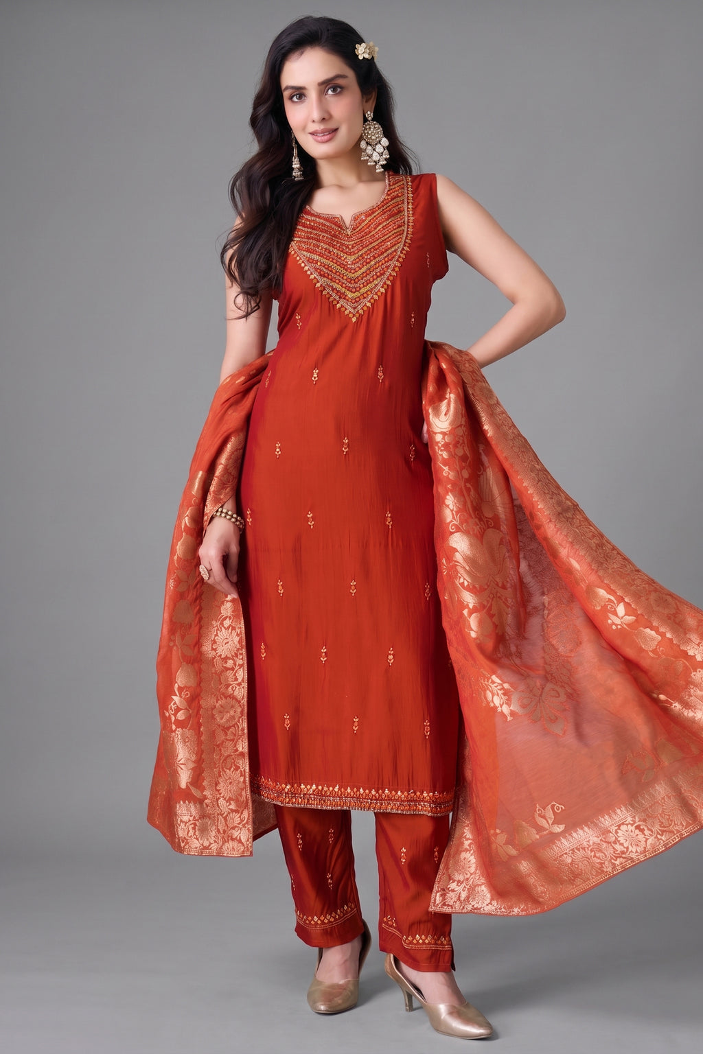 Rust orange mirror embroidered straight cut suit with banarasi dupatta