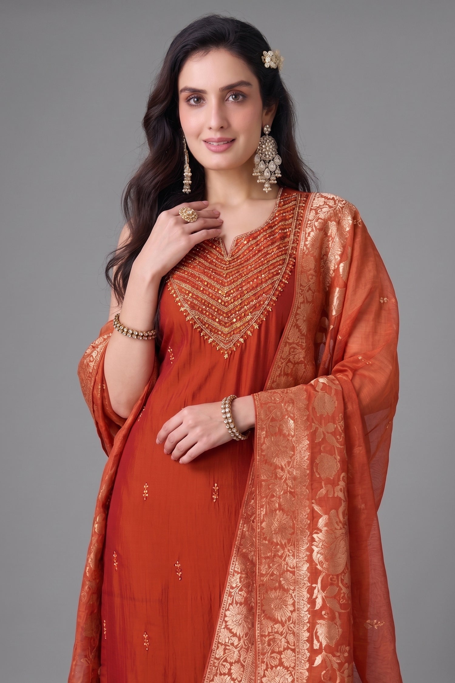 Rust Orange Mirror Embroidered Straight Cut Suit Secondary image