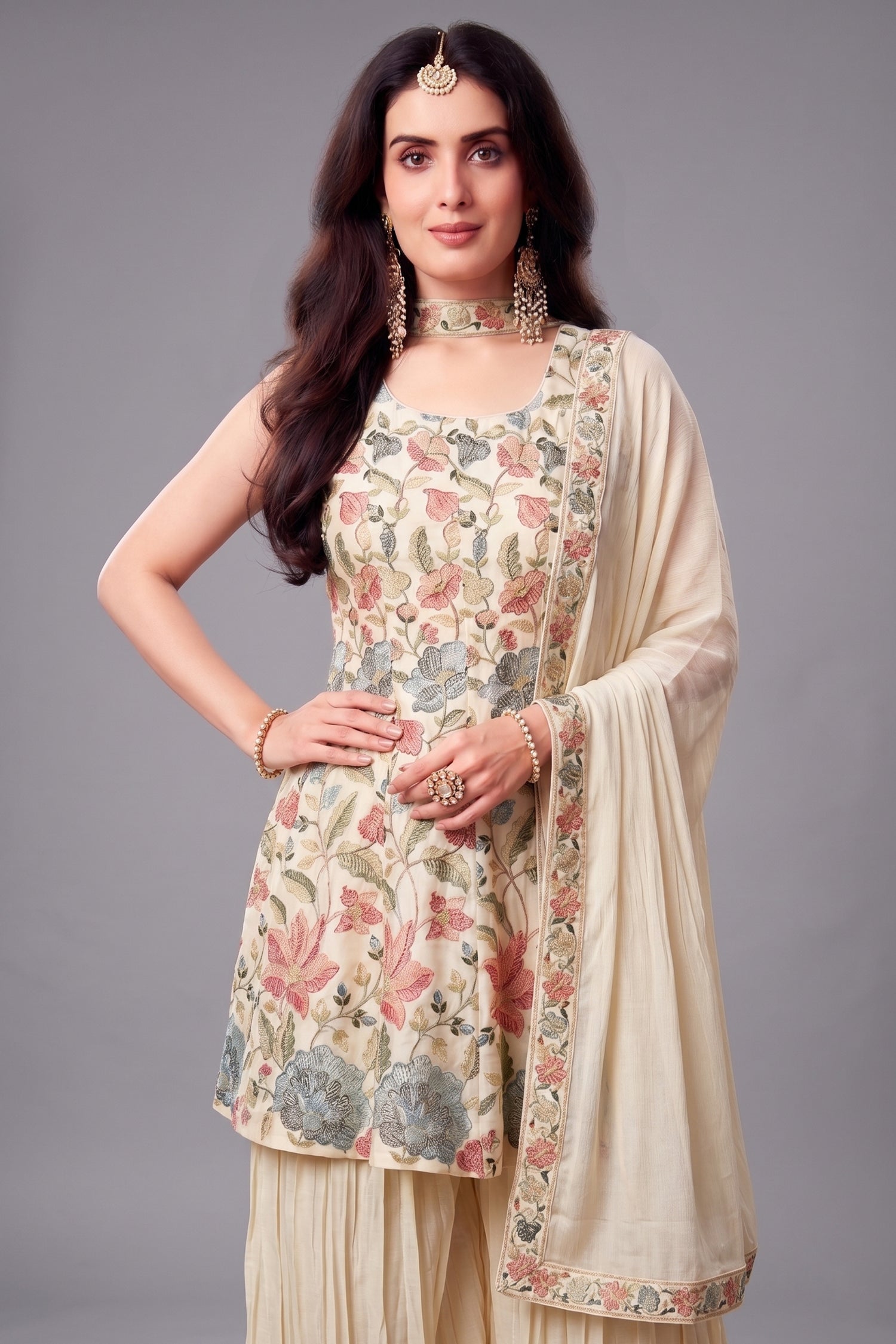 Cream Chinon Chiffon Floral Embroidered and Sequin Worked Suit Secondary image
