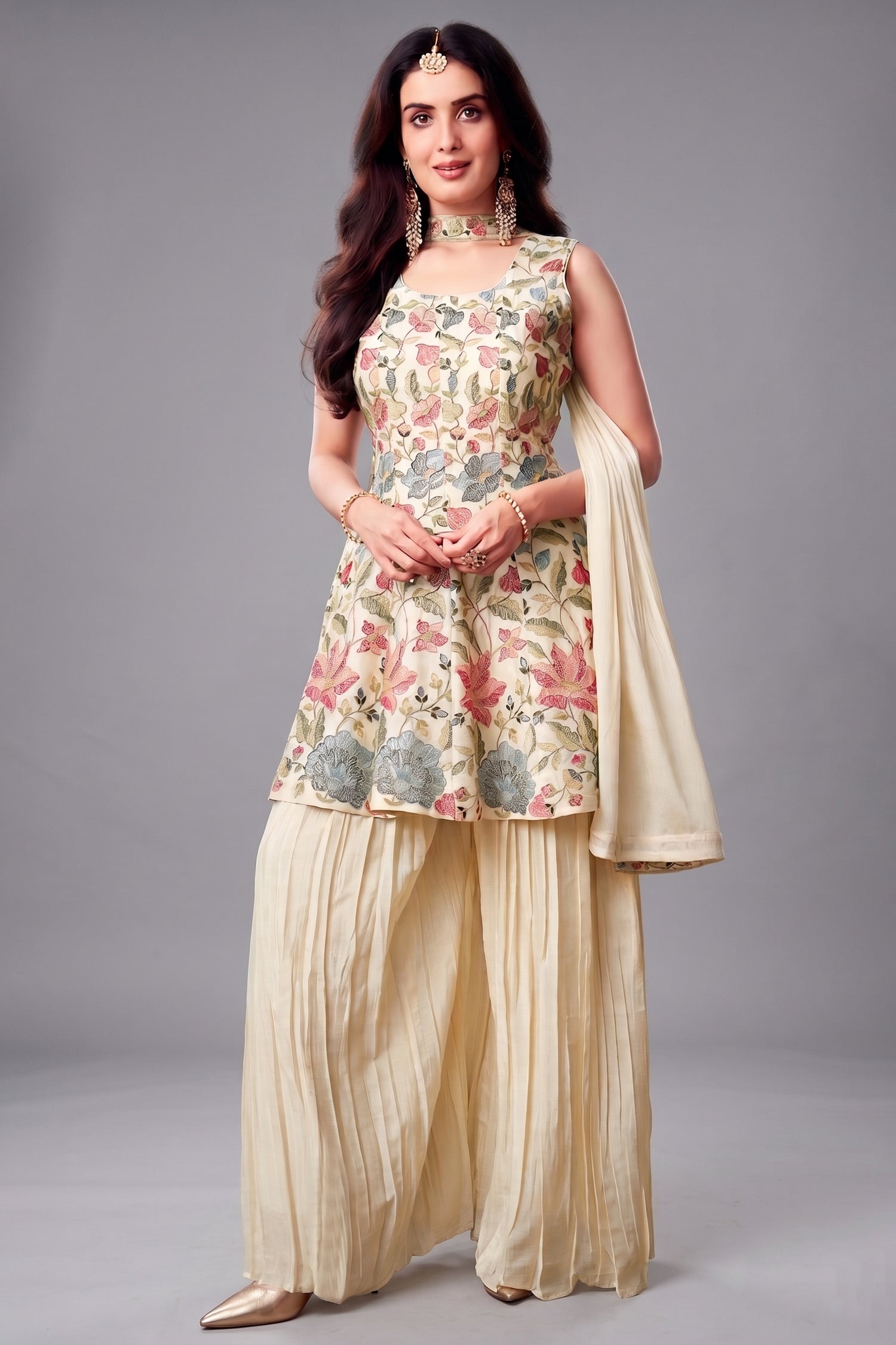 cream chinon chiffon embroidered suit - front view with floral embroidery Main image