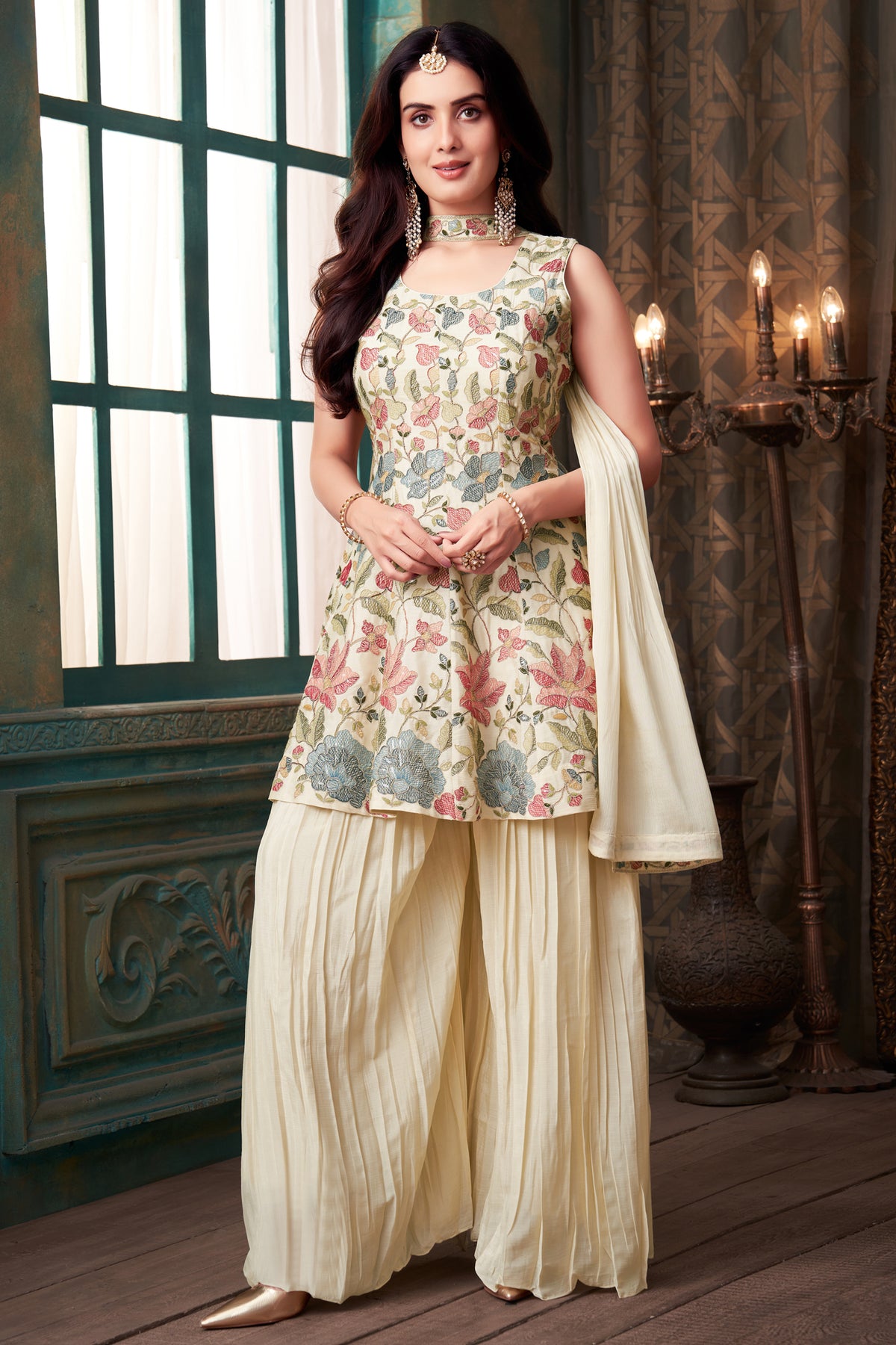 cream chinon chiffon embroidered suit full-length view with dupatta