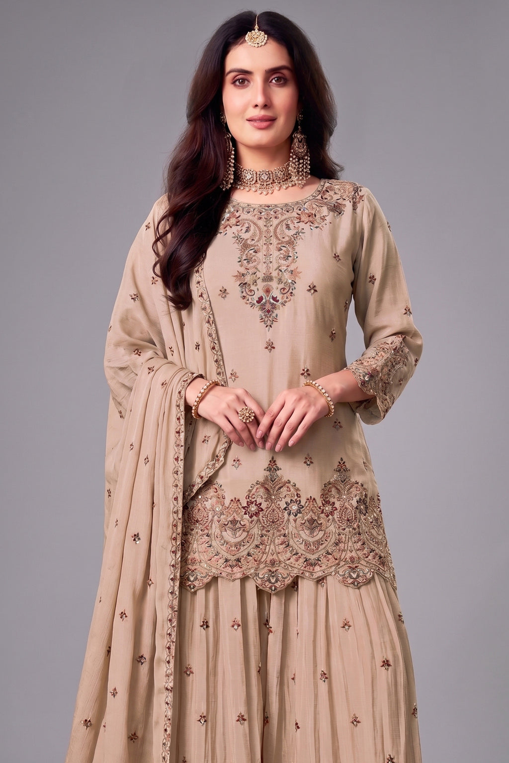 Beige chinon palazzo suit back view showing intricate embroidery work