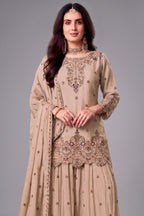 Beige chinon palazzo suit back view showing intricate embroidery work
