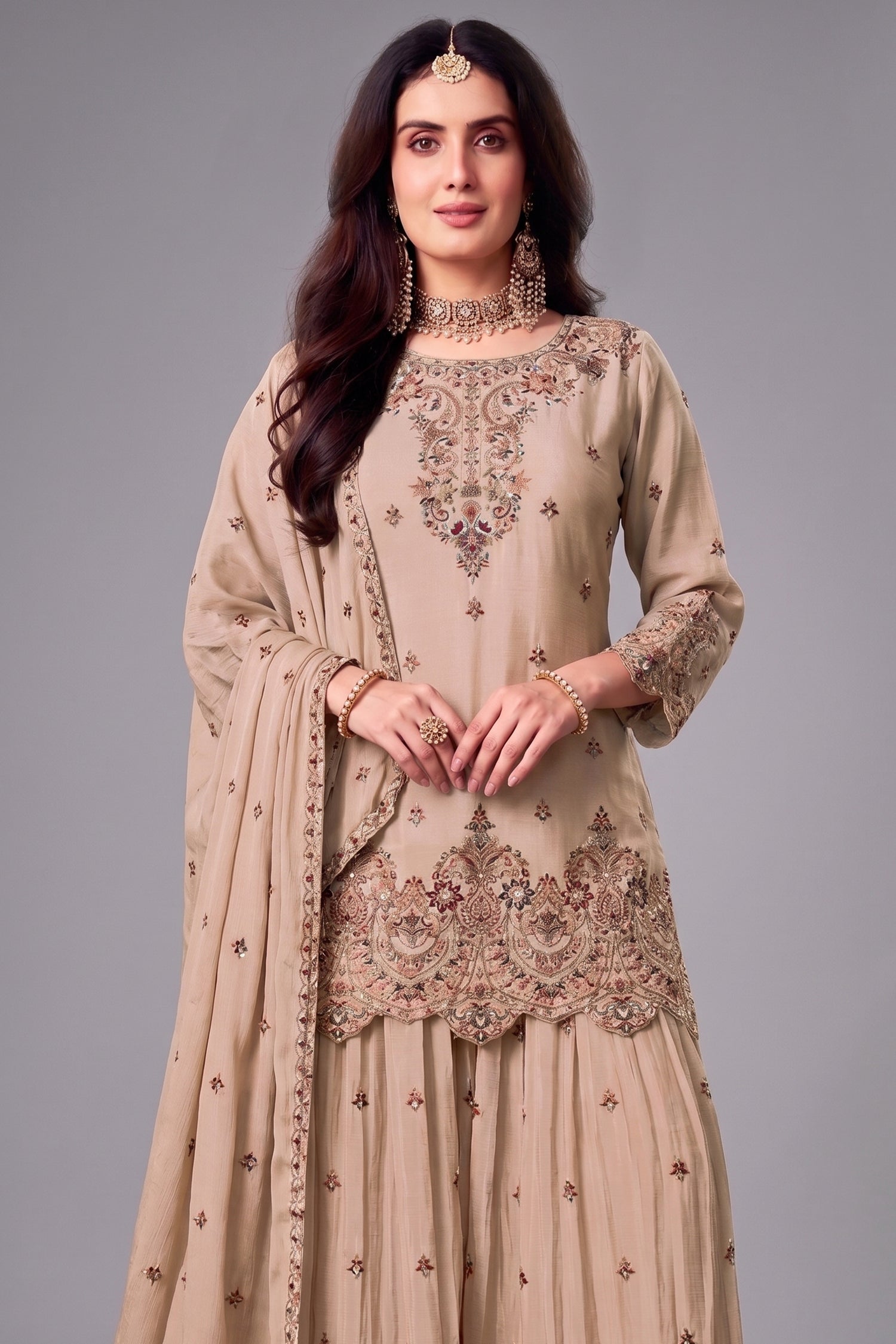 Beige chinon palazzo suit back view showing intricate embroidery work