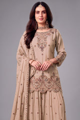 Beige chinon palazzo suit back view showing intricate embroidery work