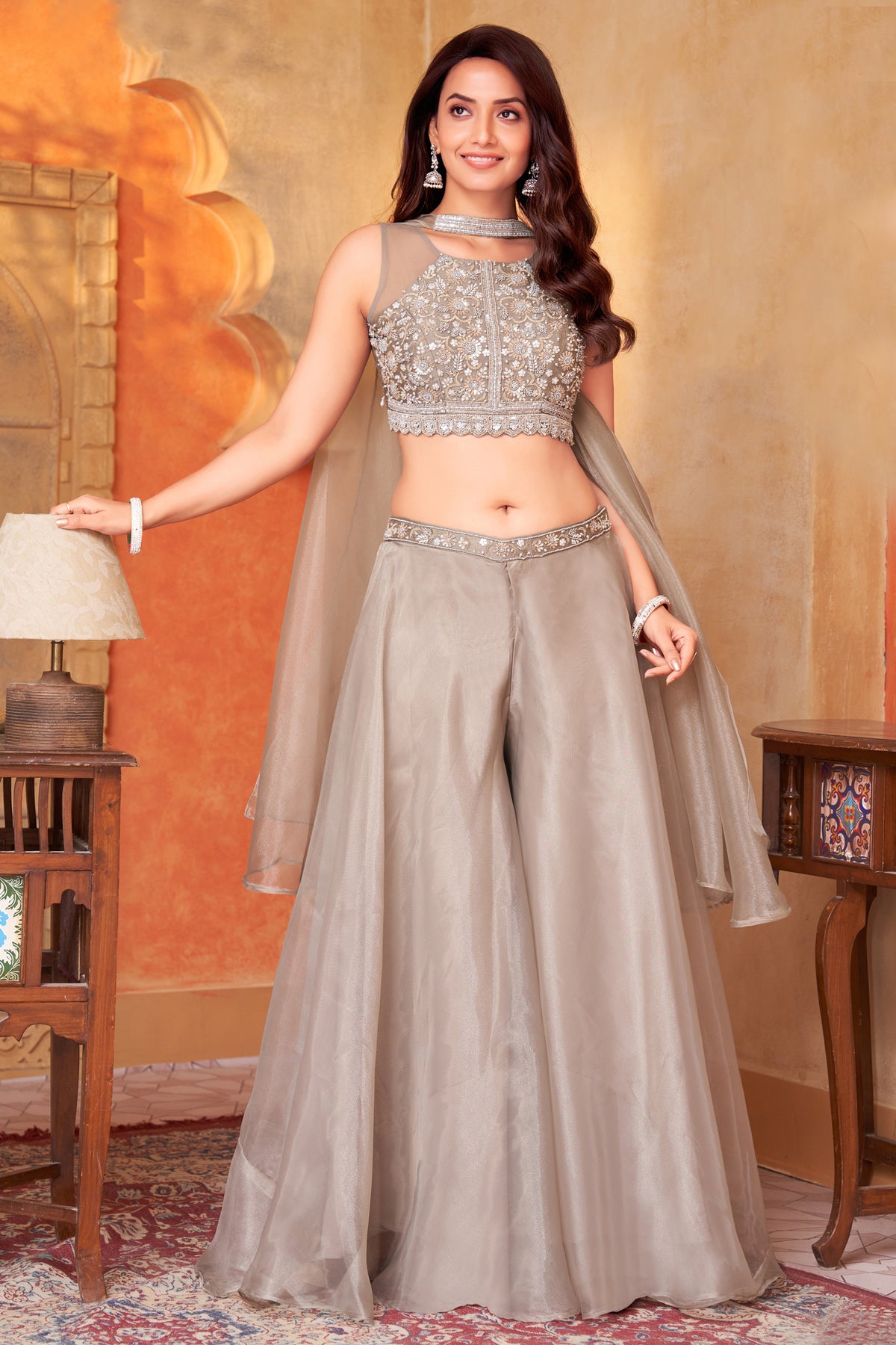 Styling and back view of Grey Organza Sequin Crop Top Palazzo Set