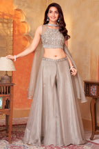 Styling and back view of Grey Organza Sequin Crop Top Palazzo Set