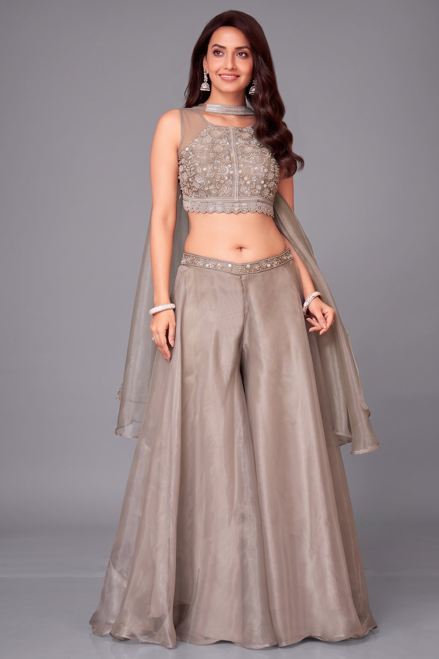 Grey Organza Sequin Crop Top Palazzo Set front view Main image