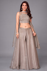 Grey Organza Sequin Crop Top Palazzo Set front view