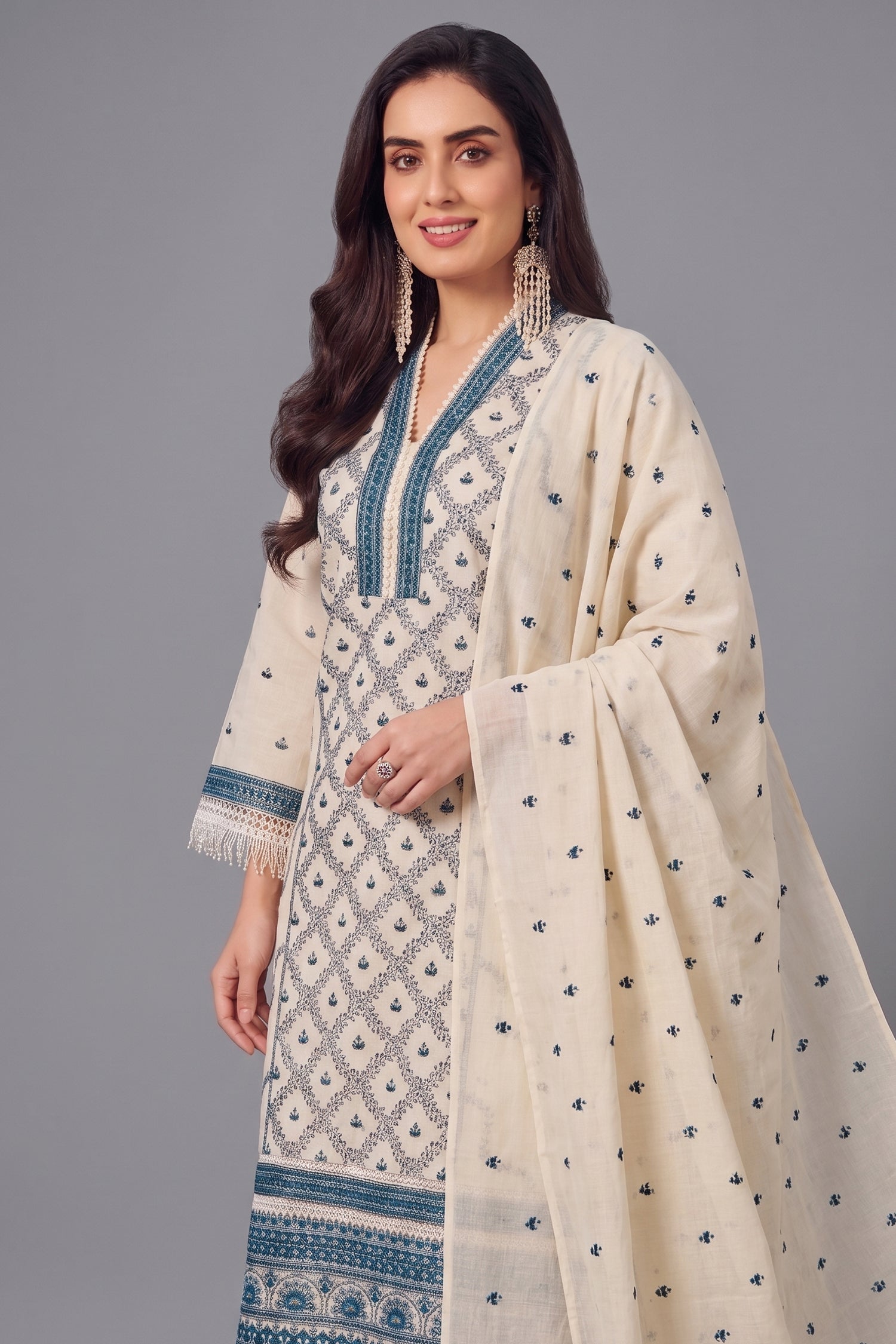 Off White Cotton Embroidered Straight Cut Suit Secondary image