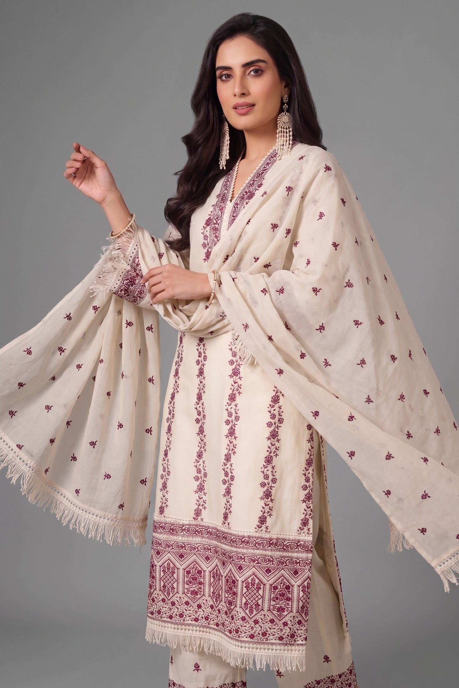 Off White Cotton Embroidered Straight Cut Suit Secondary image