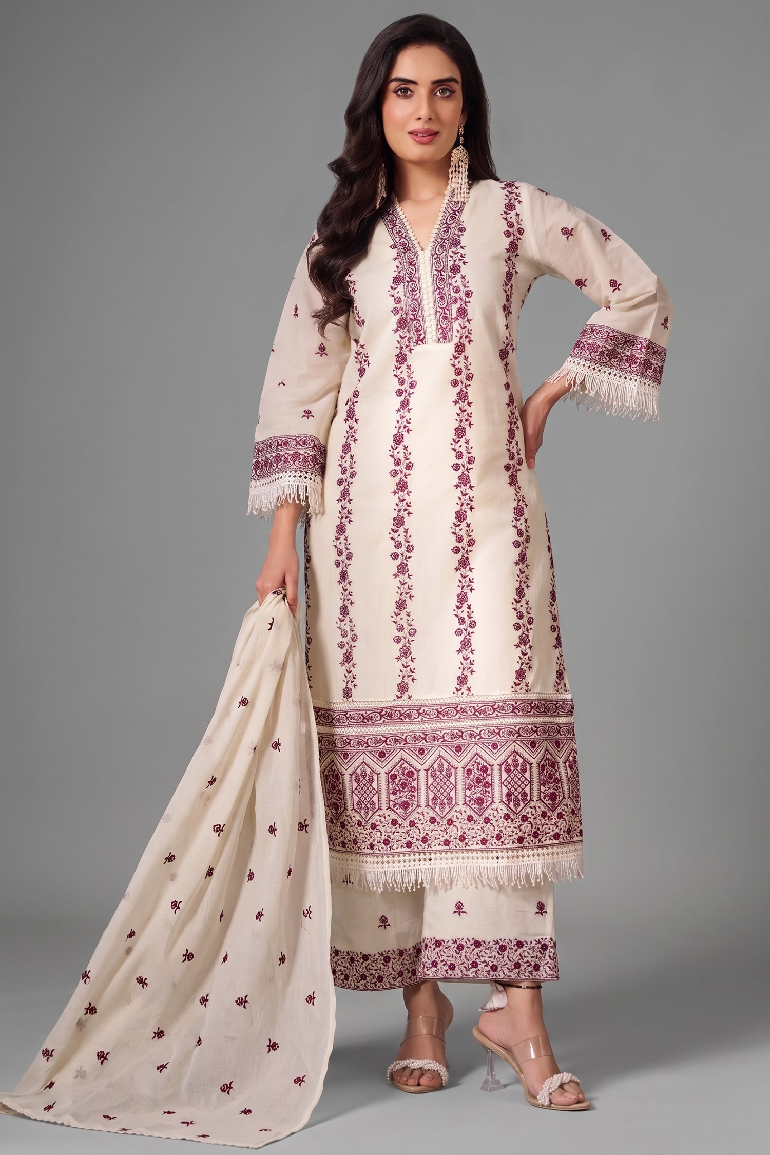 Off White Cotton Embroidered Straight Cut Suit front view fabric details Main image