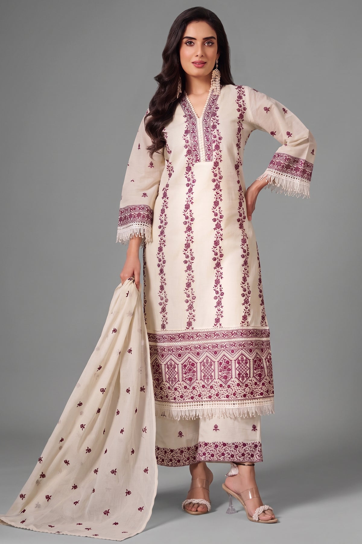 Off White Cotton Embroidered Straight Cut Suit front view fabric details