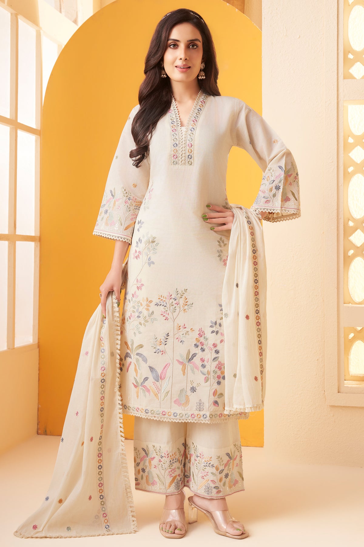 Close up details of thread embroidery on Off White Georgette Thread Embroidered Straight Cut Suit