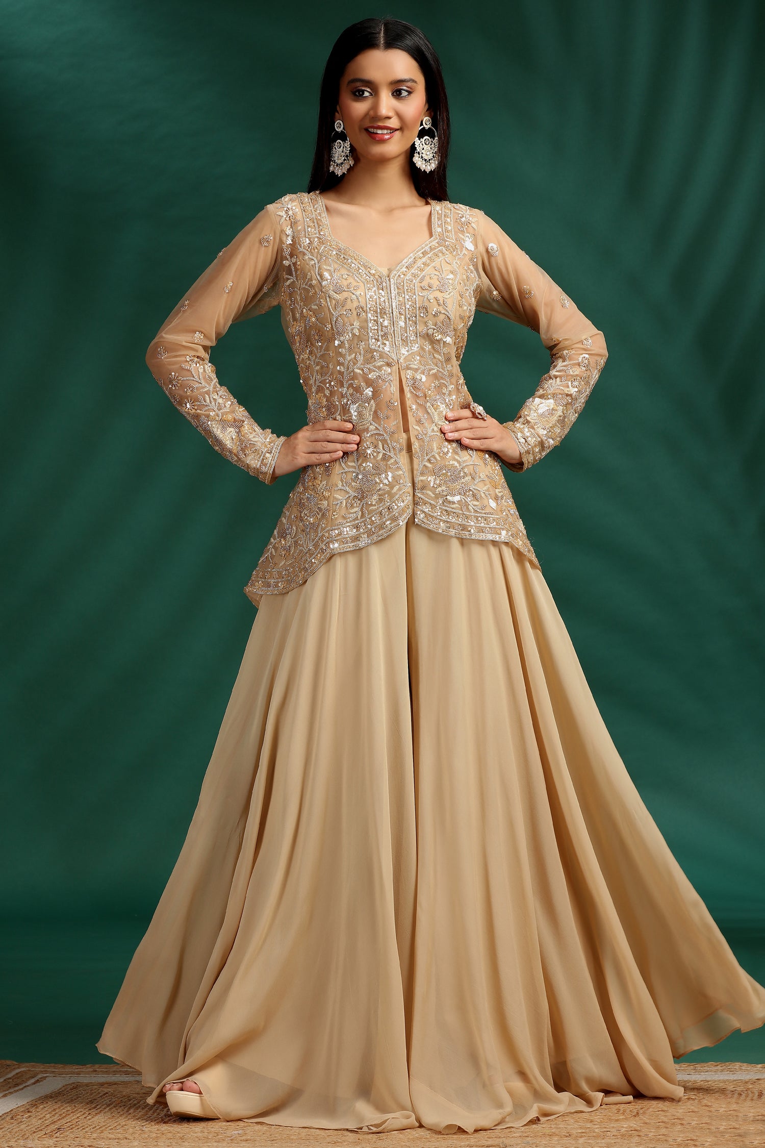 Styling and back view of Beige Net Glass Tissue Organza Palazzo Set