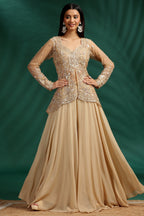 Styling and back view of Beige Net Glass Tissue Organza Palazzo Set