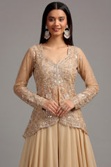 Close up details of beadwork on Beige Net Glass Tissue Organza Palazzo Set