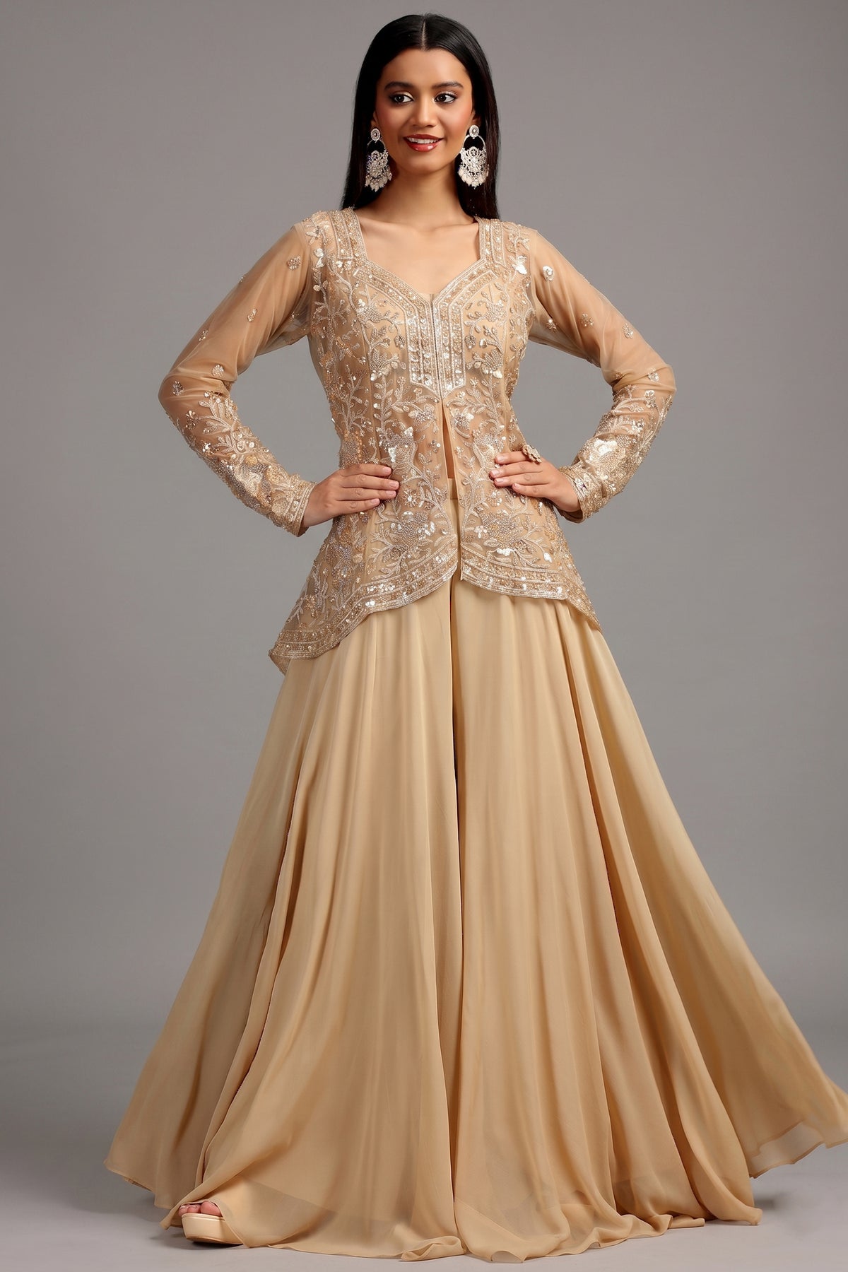 Beige Net Glass Tissue Organza Palazzo Set with slit cut beaded top front view