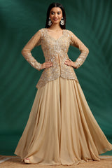 Styling and back view of Beige Net Glass Tissue Organza Palazzo Set