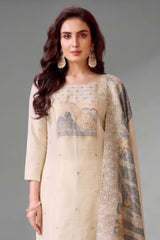Cream Tissue Floral Woven and Peacock Motif Straight Cut Suit