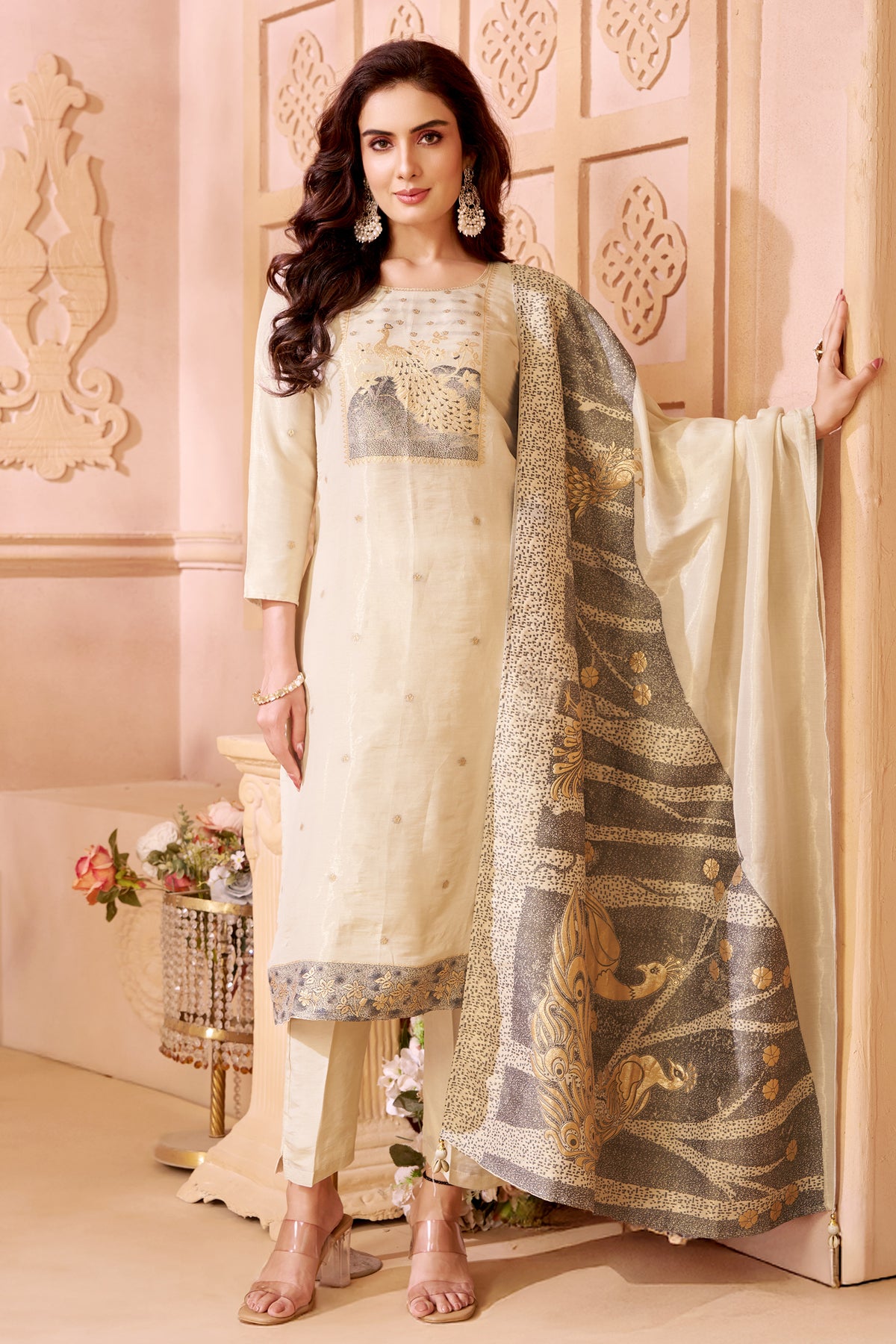 Designer Cream Tissue Straight Cut Suit for festive wear