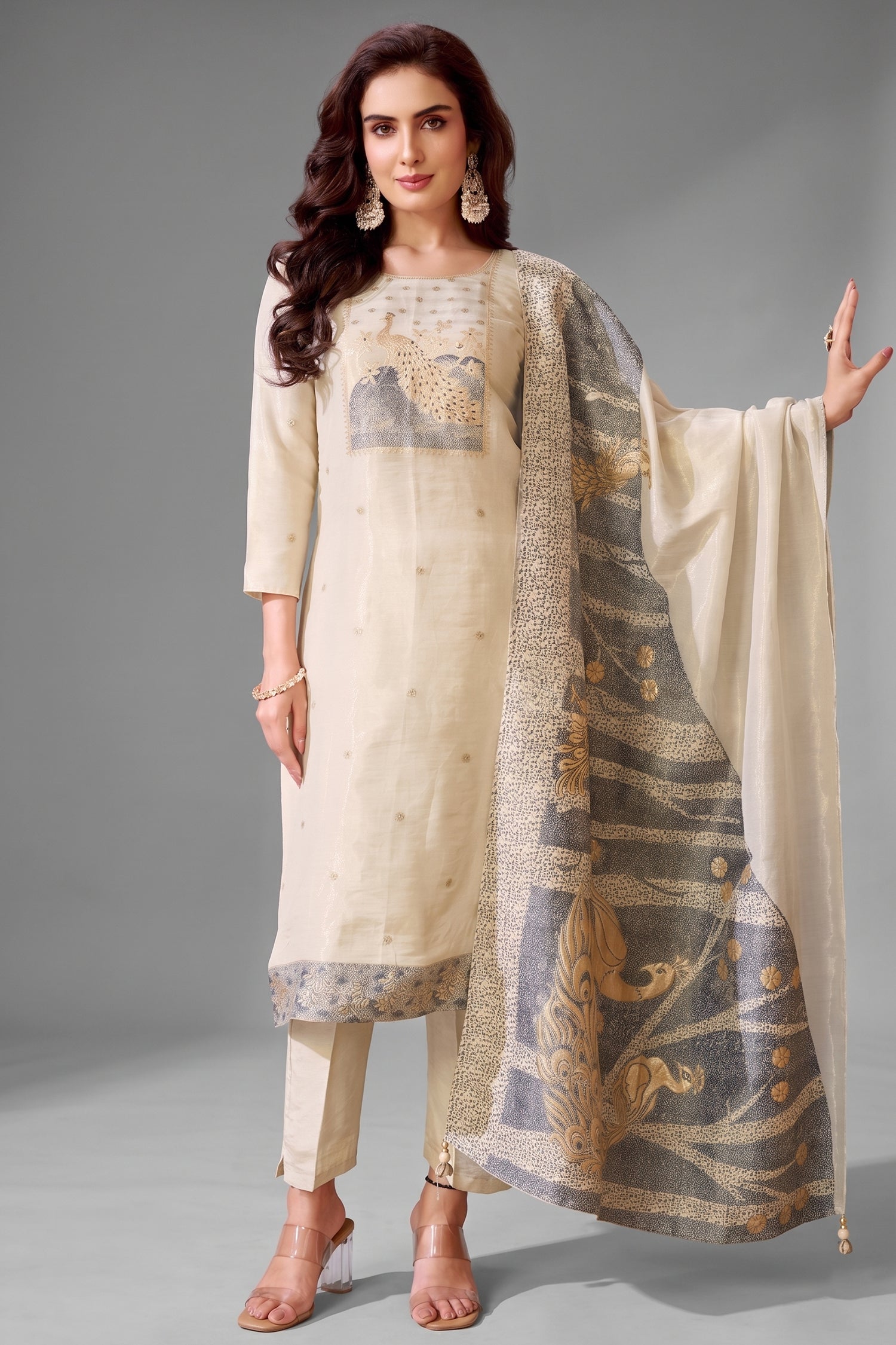 Cream Tissue Straight Cut Suit with Floral Woven Peacock Motif - Front View Main image