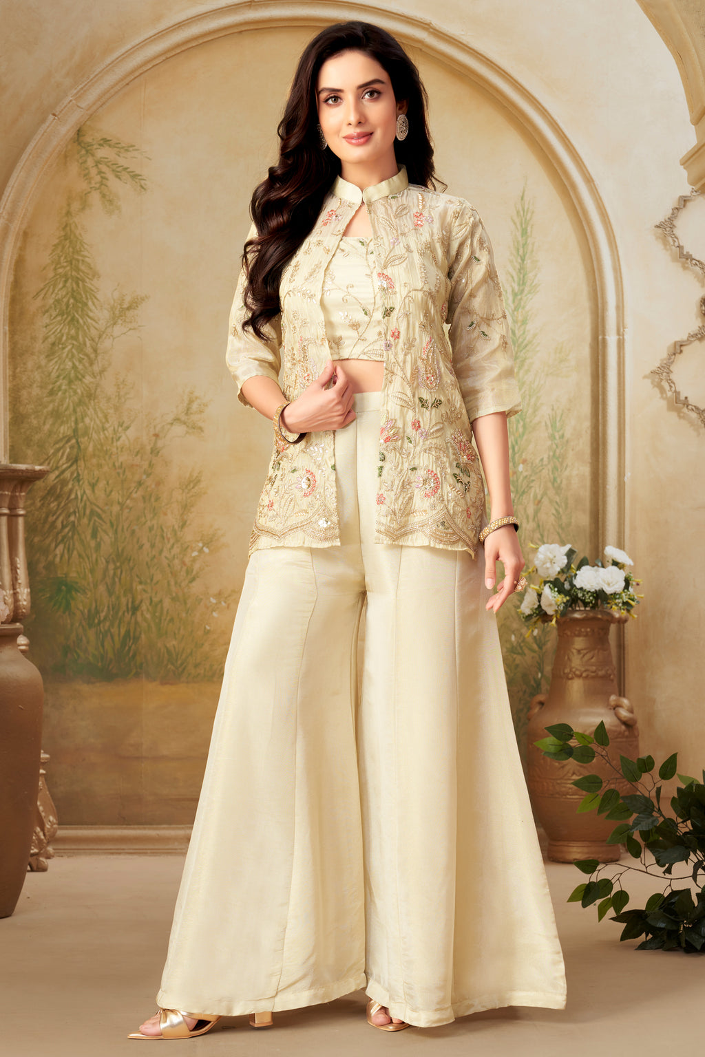 Cream Tissue Embroidered and Sequin Worked Crop Top Palazzo Set with Jacket - red saree embroidered