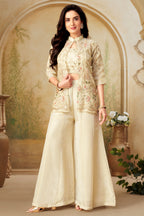 Cream Tissue Embroidered and Sequin Worked Crop Top Palazzo Set with Jacket - red saree embroidered