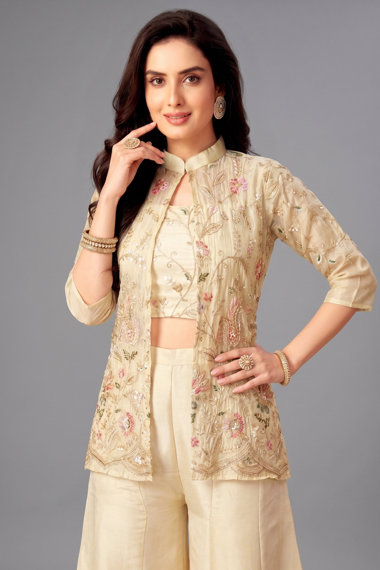 Cream Tissue Embroidered and Sequin Worked Crop Top Palazzo Set with Jacket Secondary image