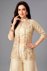 Cream Tissue Embroidered and Sequin Worked Crop Top Palazzo Set with Jacket