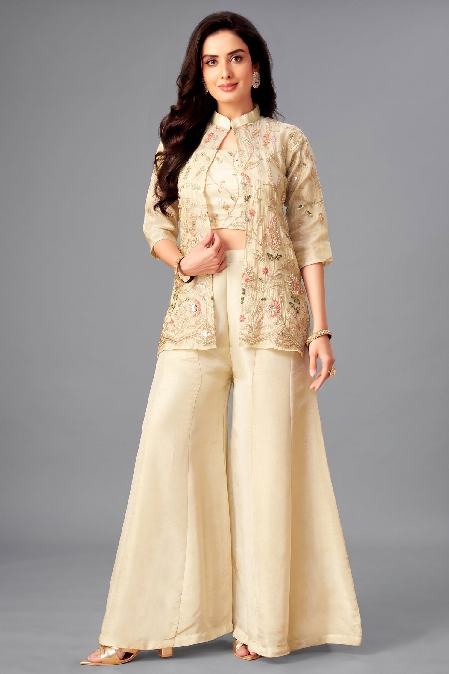 Cream Tissue Embroidered and Sequin Worked Crop Top Palazzo Set with Jacket - red saree embroidered Main image