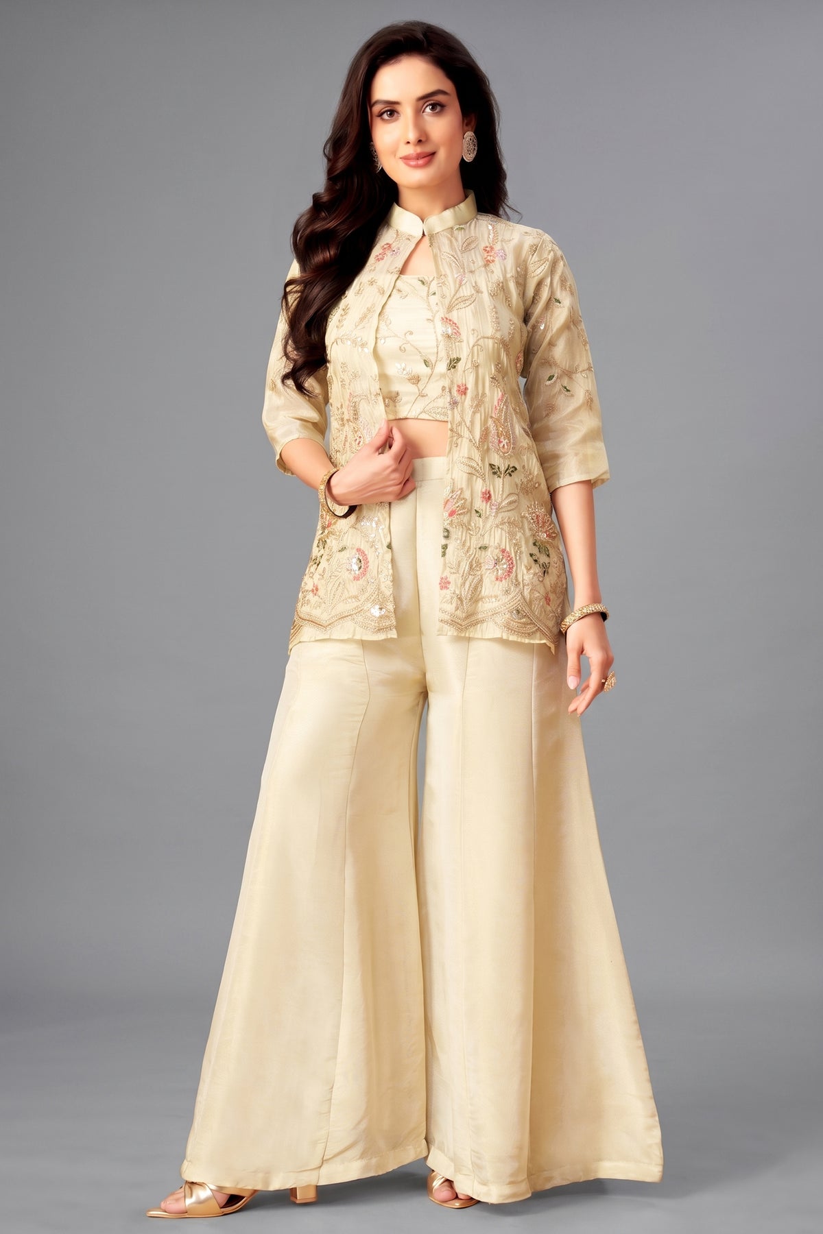 Cream Tissue Embroidered and Sequin Worked Crop Top Palazzo Set with Jacket
