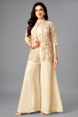 Cream Tissue Embroidered and Sequin Worked Crop Top Palazzo Set with Jacket