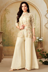 Cream Tissue Embroidered and Sequin Worked Crop Top Palazzo Set with Jacket