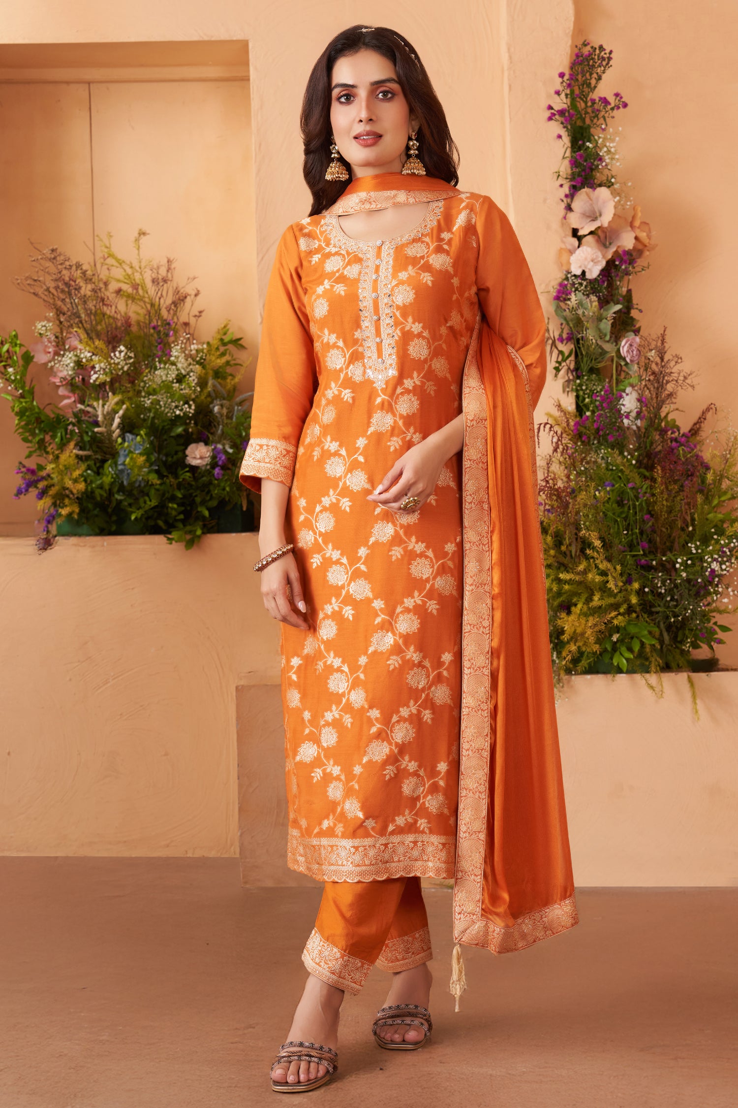 Back view and styling of Orange Art Silk Woven Straight Cut Suit
