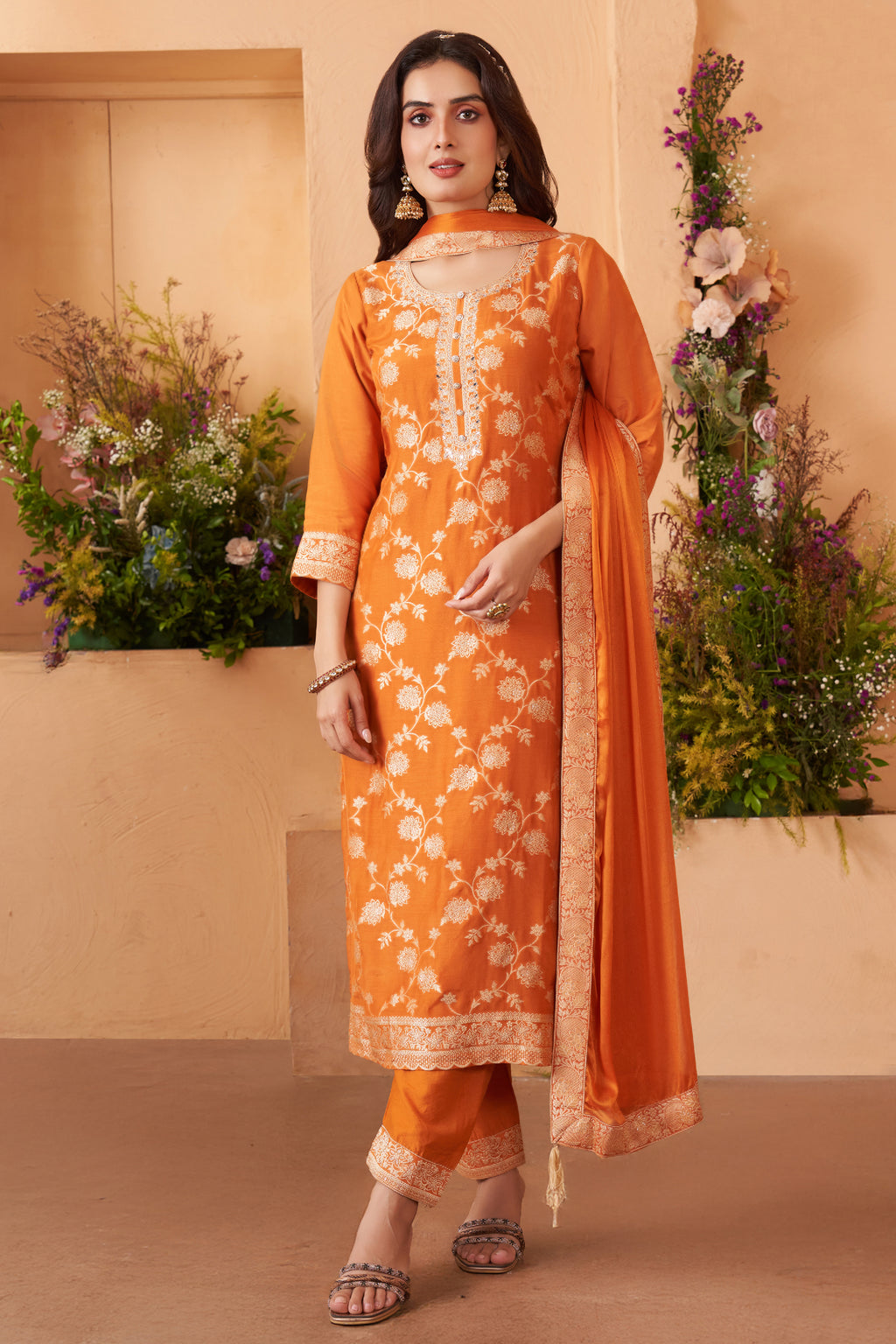 Back view and styling of Orange Art Silk Woven Straight Cut Suit