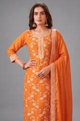 Close up embroidery of Orange Art Silk Woven Straight Cut Suit