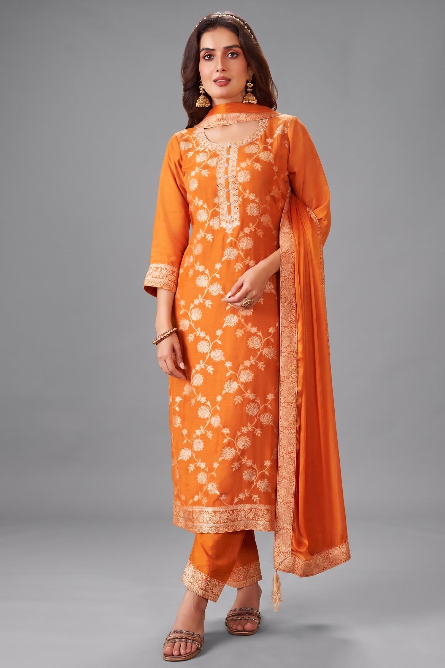 Orange Art Silk Woven Straight Cut Suit front view fabric details