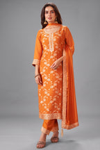 Orange Art Silk Woven Straight Cut Suit front view fabric details